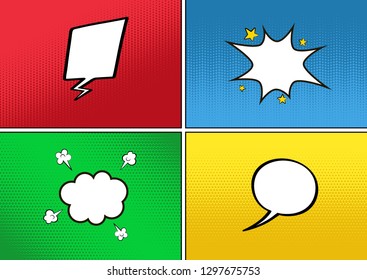 Colorful comic book background with blank white speech bubbles of different shapes. Vector illustration in pop art style.