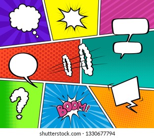 Colorful comic book background.
Blank white speech bubbles of different shapes. Rays, radial, halftone, dotted effects. Vector illustration in pop art style