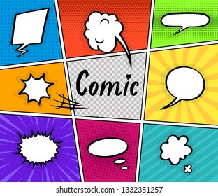 Colorful comic book background.
Blank white speech bubbles of different shapes. Rays, radial, halftone, dotted effects. Vector illustration in pop art style