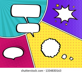 Colorful comic book background.
Blank white speech bubbles of different shapes. Rays, radial, halftone, dotted effects. Vector illustration in pop art style