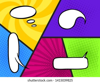 Colorful comic book background.
Blank white speech bubbles of different shapes. Vector illustration