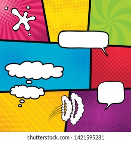 Colorful comic book background.
Blank white speech bubbles of different shapes. Vector illustration 