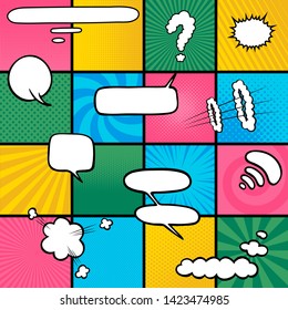 Colorful comic book background.
Blank white speech bubbles of different shapes. Vector illustration in comics style