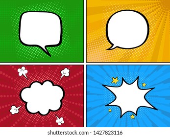 Colorful comic book background with blank white speech bubbles of different shapes. Vector illustration in pop art style.