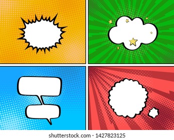 Colorful comic book background with blank white speech bubbles of different shapes. Vector illustration in pop art style.