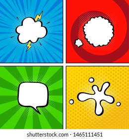 Colorful comic book background with blank white speech bubbles of different shapes with shadows. Vector illustration in pop art style