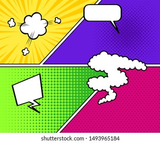 Colorful comic book background.
Blank white speech bubbles of different shapes. Vector illustration in pop art style