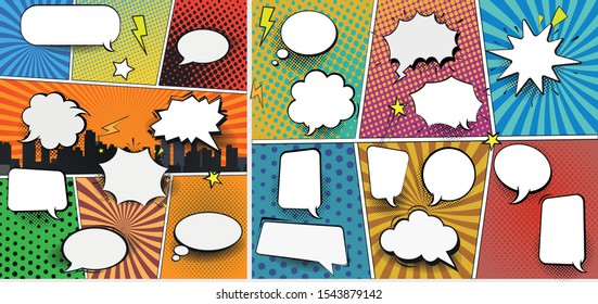 Colorful comic book background with blank white speech bubbles of different shapes in pop-art style. Rays, radial, halftone, dotted effects. Vector illustration