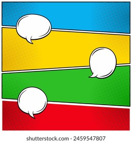 Colorful comic book background with blank white speech bubbles of different shapes in pop art style. Vector illustration