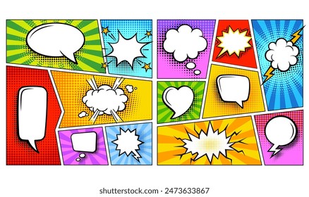 Colorful comic book background with blank white speech bubbles of different shapes in pop-art style. Rays, radial, halftone, dotted effects. Vector illustration