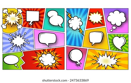 Colorful comic book background with blank white speech bubbles of different shapes in pop-art style. Rays, radial, halftone, dotted effects. Vector illustration