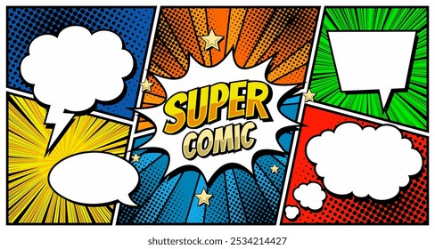 Colorful comic book background with blank white speech bubbles of different shapes in pop-art style.
