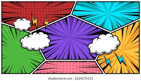 Colorful comic book background with blank white speech bubbles  in pop-art style. Rays, radial, halftone, dotted effects. Vector illustration