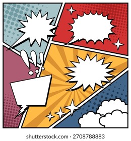 Farbiger Comic-Hintergrund mit weißen, leeren Sprechblasen verschiedener Formen im Pop-Art-Stil. Strahlen, Radial-, Halbton-, Punkteeffekte