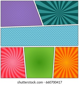 Colorful comic book background with radial halftone and dotted effects in pop art style. Vector illustration