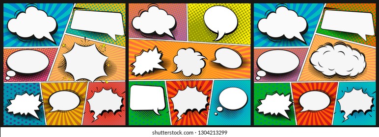 Colorful comic book background.Blank white speech bubbles of different shapes. Rays, radial, halftone, dotted effects. Vector illustration in pop art style.