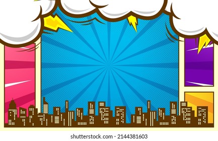 Colorful comic book big city skyline with cloud