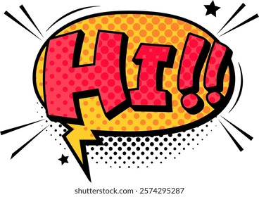 Colorful comic book explosion featuring a new character greeting with a cheerful hi, surrounded by vibrant stars and playful dots in a dynamic background