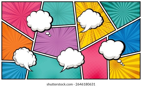 Colorful comic book layout with empty speech and thought bubbles on a retro pop art background. Vector illustration
