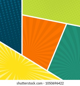 Colorful comic book page background in pop art style. Empty template with rays and dots pattern. Vector illustration
