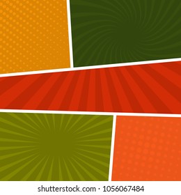 Colorful comic book page background in pop art style. Empty template with rays and dots pattern. Vector illustration
