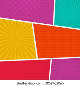 Colorful comic book page background in pop art style. Empty template with rays and dots pattern. Vector illustration
