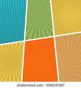 Colorful comic book page background in pop art style. Empty template with rays and dots pattern. Vector illustration
