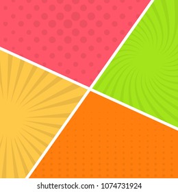 Colorful comic book page background in pop art style. Empty template with rays and dots pattern. Vector illustration
