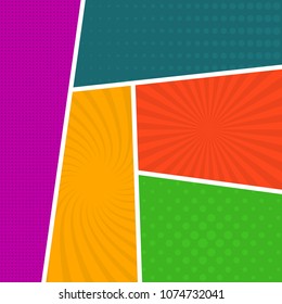 Colorful comic book page background in pop art style. Empty template with rays and dots pattern. Vector illustration