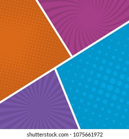Colorful comic book page background in pop art style. Empty template with rays and dots pattern. Vector illustration
