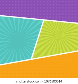 Colorful comic book page background in pop art style. Empty template with rays and dots pattern. Vector illustration
