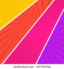 Colorful comic book page background in pop art style. Empty template with rays and dots pattern. Vector illustration