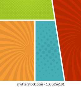 Colorful comic book page background in pop art style. Empty template with rays and dots pattern. Vector illustration
