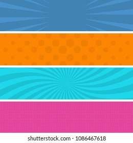 Colorful comic book page background in pop art style. Empty template with rays and dots pattern. Vector illustration
