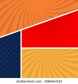 Colorful comic book page background in pop art style. Empty template with rays and dots pattern. Vector illustration