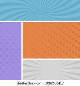 Colorful comic book page background in pop art style. Empty template with rays and dots pattern. Vector illustration
