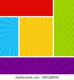 Colorful comic book page background in pop art style. Empty template with rays and dots pattern. Vector illustration
