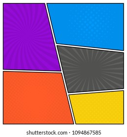 Colorful comic book page background in pop art style. Empty template with rays and dots pattern. Vector illustration