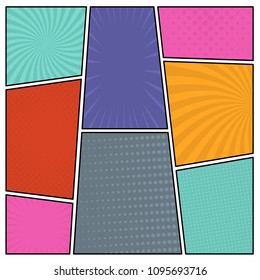 Colorful comic book page background in pop art style. Empty template with rays and dots pattern. Vector illustration