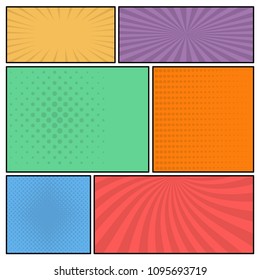 Colorful comic book page background in pop art style. Empty template with rays and dots pattern. Vector illustration