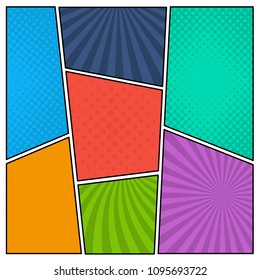 Colorful comic book page background in pop art style. Empty template with rays and dots pattern. Vector illustration