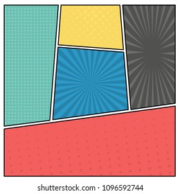 Colorful comic book page background in pop art style. Empty template with rays and dots pattern. Vector illustration

