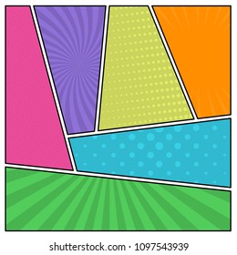 Colorful comic book page background in pop art style. Empty template with rays and dots pattern. Vector illustration
