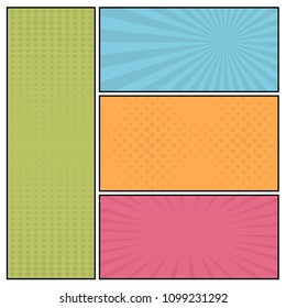Colorful comic book page background in pop art style. Empty template with rays and dots pattern. Vector illustration