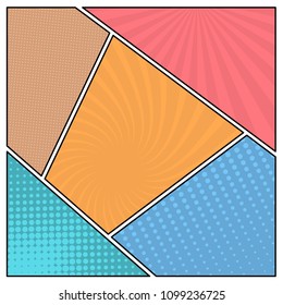 Colorful comic book page background in pop art style. Empty template with rays and dots pattern. Vector illustration
