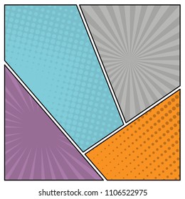 Colorful comic book page background in pop art style. Empty template with rays and dots pattern. Vector illustration