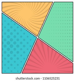 Colorful comic book page background in pop art style. Empty template with rays and dots pattern. Vector illustration