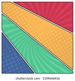Colorful comic book page background in pop art style. Empty template with rays and dots pattern. Vector illustration
