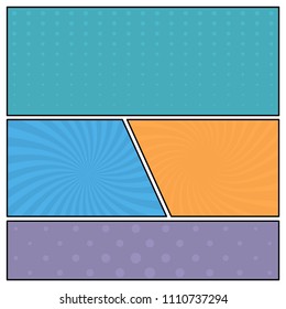Colorful comic book page background in pop art style. Empty template with rays and dots pattern. Vector illustration