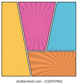 Colorful comic book page background in pop art style. Empty template with rays and dots pattern. Vector illustration
